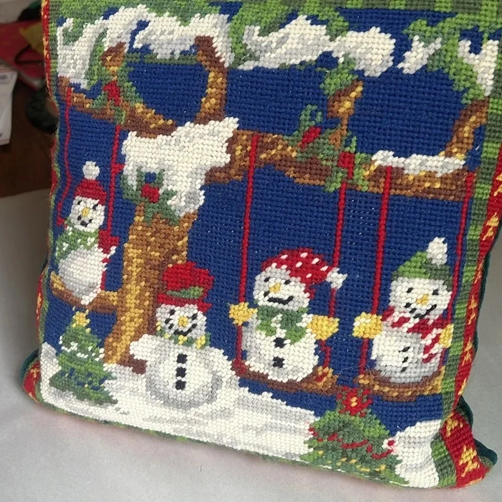 Vintage Handmade Cross Stitched Christmas Pillow Snowmen on Swings Velvet Back